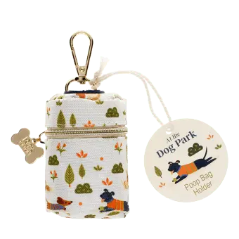 Poop bag holder with dog park print, zip closure and clip attachment