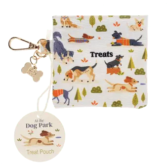 Dog-themed treat pouch with clip attachment and bone-shaped charm