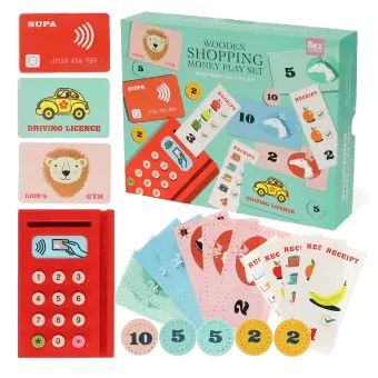 Wooden shopping money play set with toy cards, cash register, coins and receipts