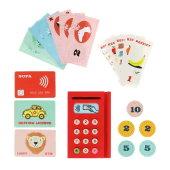 Wooden shopping money play set with toy cards, cash register, coins and receipts