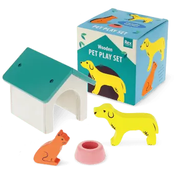 Wooden pet play set with dog, cat, kennel, bowl and illustrated storage box