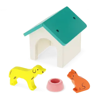 Wooden pet play set with toy dog, cat, kennel and feeding bowl