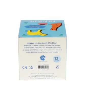 Back of wooden pet play set box with barcode and descriptions