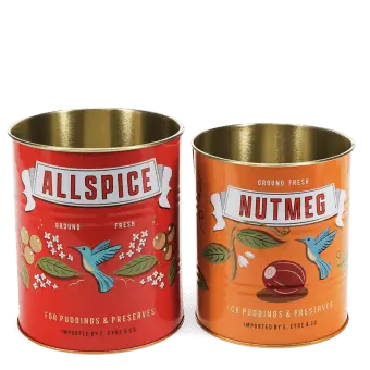 Set of two retro-style storage tins with allspice and nutmeg spice label designs