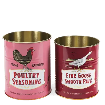 Set of two retro-style storage tins with poultry seasoning and goose pâté designs