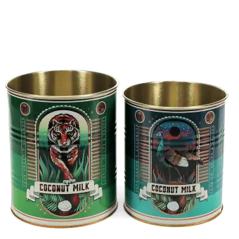 Set of two coconut milk storage tins with tiger and bird illustrations in retro-style designs