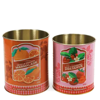 Set of two retro-style storage tins with marmalade and wild strawberry preserve designs