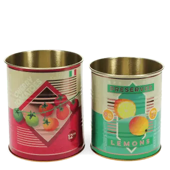 Set of two retro-style storage tins with cherry tomatoes and lemons designs