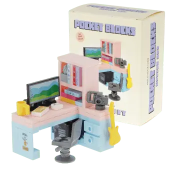 Pocket Blocks office desk building set with miniature computer, chair, shelving and accessories with retail box 