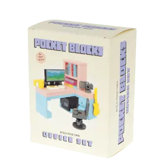 Pocket Blocks office set building toy in retail box featuring a miniature office scene