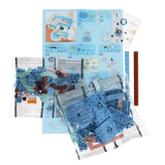 Pocket Blocks sofa set building kit with assorted pieces, instructions and sticker sheet