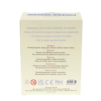 Back view of Pocket Blocks sofa set packaging with safety information and product details