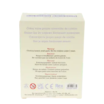 Back view of Pocket Blocks kitchen set packaging with safety information and product details