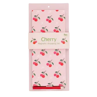Cherry print magnetic shopping list notepad with matching pencil and pink backing board