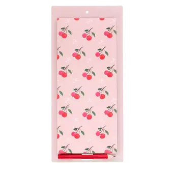 Cherry print magnetic shopping list notepad with pencil and pink backing board
