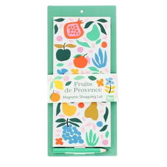 Fruit print magnetic shopping list notepad with colourful botanical design and pencil