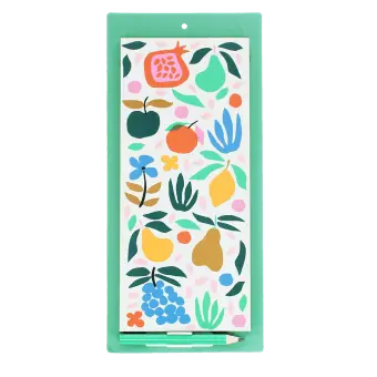 Fruit print magnetic shopping list notepad with colourful botanical design and pencil