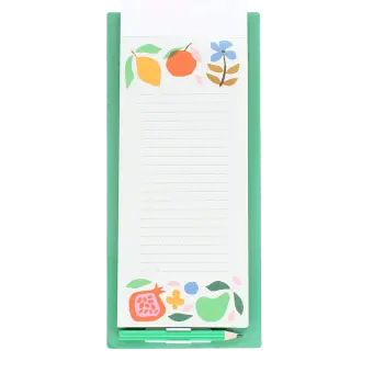 Fruit print magnetic shopping list notepad with colourful botanical design and pencil