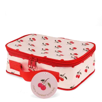 Cherry print insulated lunch bag with red zip fastening and carry handle with tag.
