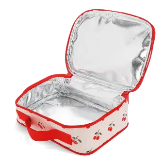 Cherry print insulated lunch bag with red zip fastening and carry handle 