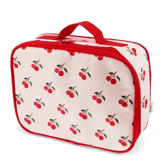 Cherry print insulated lunch bag with red zip fastening and carry handle 