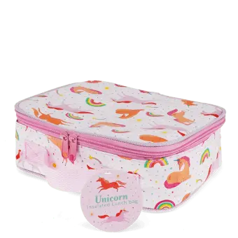 Unicorn print insulated lunch bag with red zip fastening and carry handle with tag.