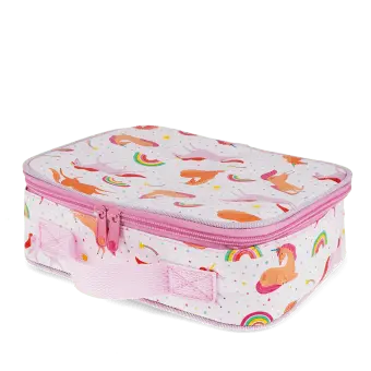 Unicorn print insulated lunch bag with red zip fastening and carry handle.