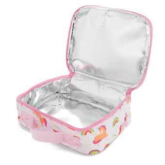 Unicorn print insulated lunch bag with red zip fastening and carry handle.