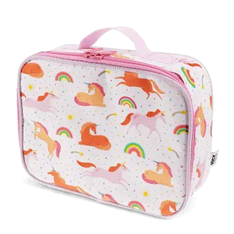 Unicorn print insulated lunch bag with red zip fastening and carry handle.