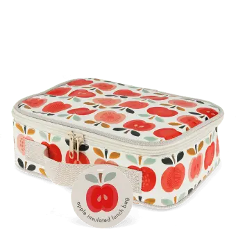 Vintage apple print insulated lunch bag with red zip fastening and carry handle with tag.
