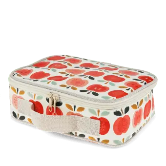 Vintage apple print insulated lunch bag with red zip fastening and carry handle.