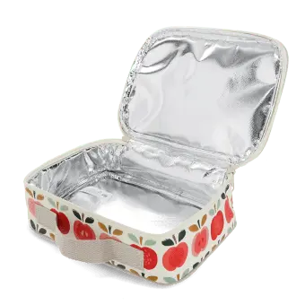 Vintage apple print insulated lunch bag with red zip fastening and carry handle.