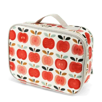 Vintage apple print insulated lunch bag with red zip fastening and carry handle.