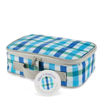 Blue check print insulated lunch bag with red zip fastening and carry handle.