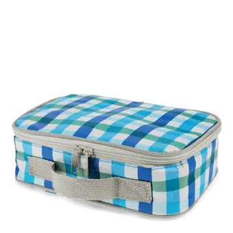 Blue check print insulated lunch bag with red zip fastening and carry handle.
