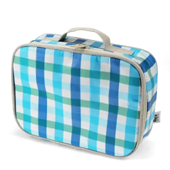 Blue check print insulated lunch bag with red zip fastening and carry handle.