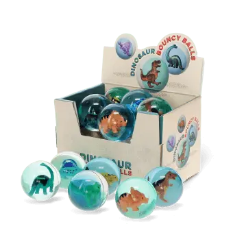 Dinosaur bouncy balls display box with assorted dinosaur figures inside blue bouncy balls
