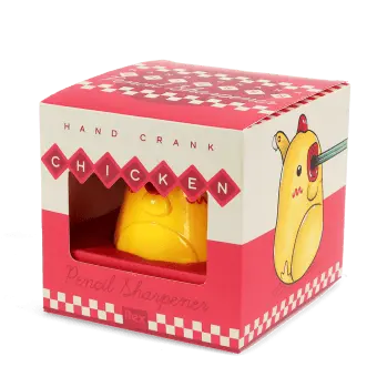 Hand-crank chicken pencil sharpener in retail packaging.