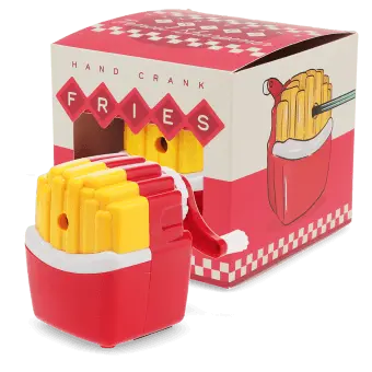 Hand-crank fries-shaped pencil sharpener with red and yellow design and packaging.