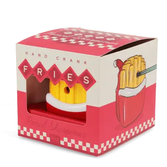 Hand-crank fries-shaped pencil sharpener in retail packaging.