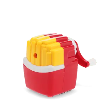 Hand-crank fries-shaped pencil sharpener with red and yellow design 