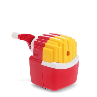 Hand-crank fries-shaped pencil sharpener with red and yellow design 