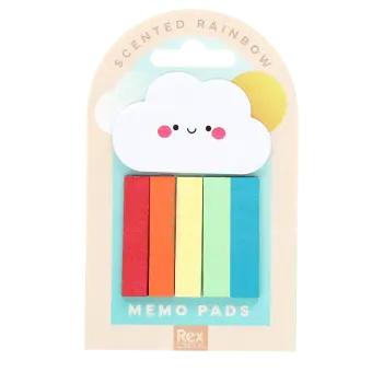 Rainbow memo pads with cloud and six colourful sticky note tabs.