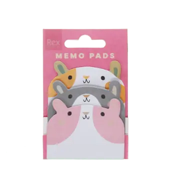Guinea pig-shaped memo pads featuring three colourful animal designs in pink packaging.
