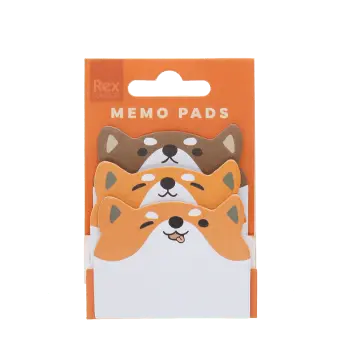 Dog-themed memo pads featuring three cartoon dog face designs in orange packaging.