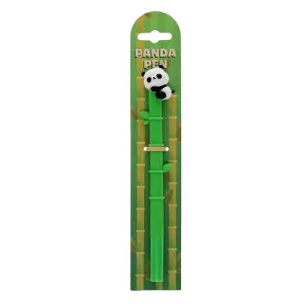 Panda pen with bamboo-shaped green barrel and 3D panda topper on display card.
