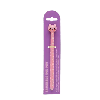 Pink cat-themed erasable ink pen with polka-dot barrel and cat-shaped topper.