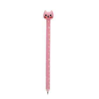 Pink cat-themed erasable ink pen with polka-dot barrel and cat-shaped topper.
