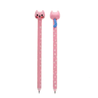 Pink cat-themed erasable ink pen with polka-dot barrel and cat-shaped topper.