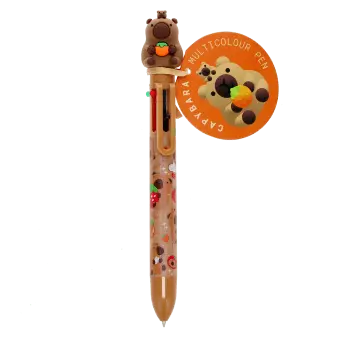 Capybara-themed six-colour pen with animal topper with tag.